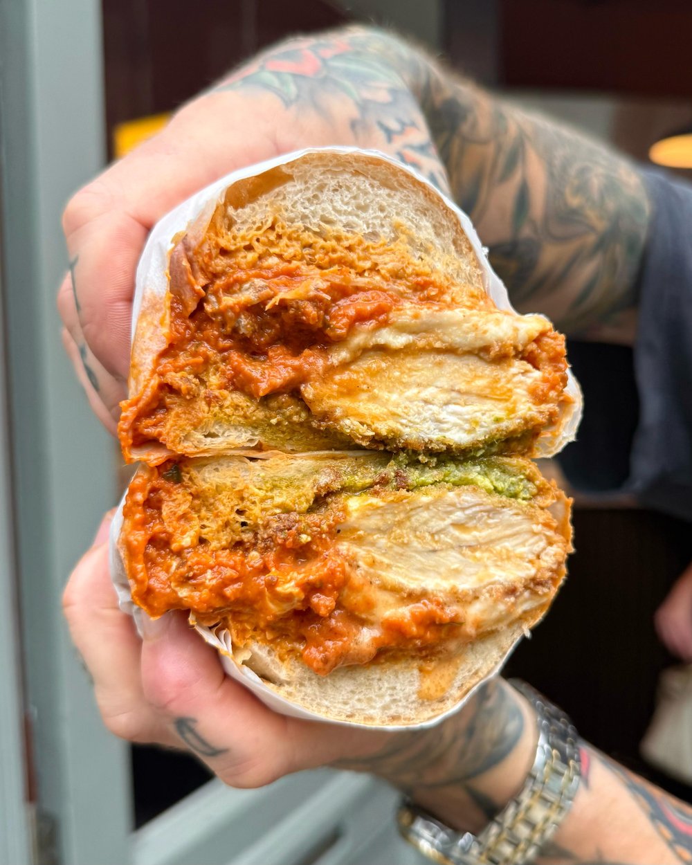 Chopped cheese sandwich cross-section